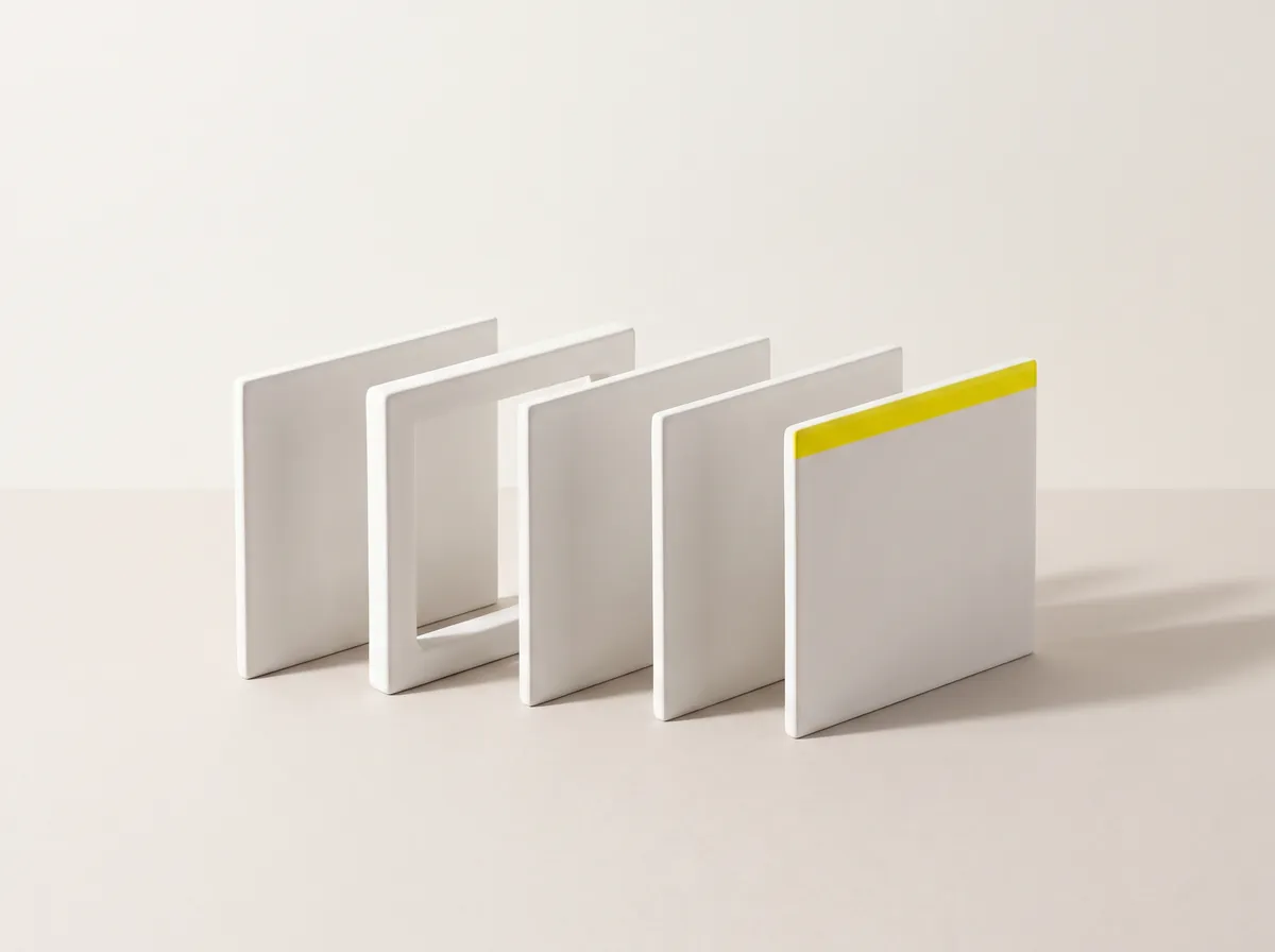 Five white tiles standing in a row like days of a week. One tile is hollow, an empty frame.